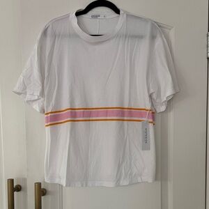 Brand New Stateside White Tee with Pink and Yellow Stripes